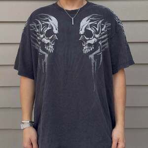 Vintage Y2K Skull Graphic Tribal Tee Shirt Faded Black XXL Oversized